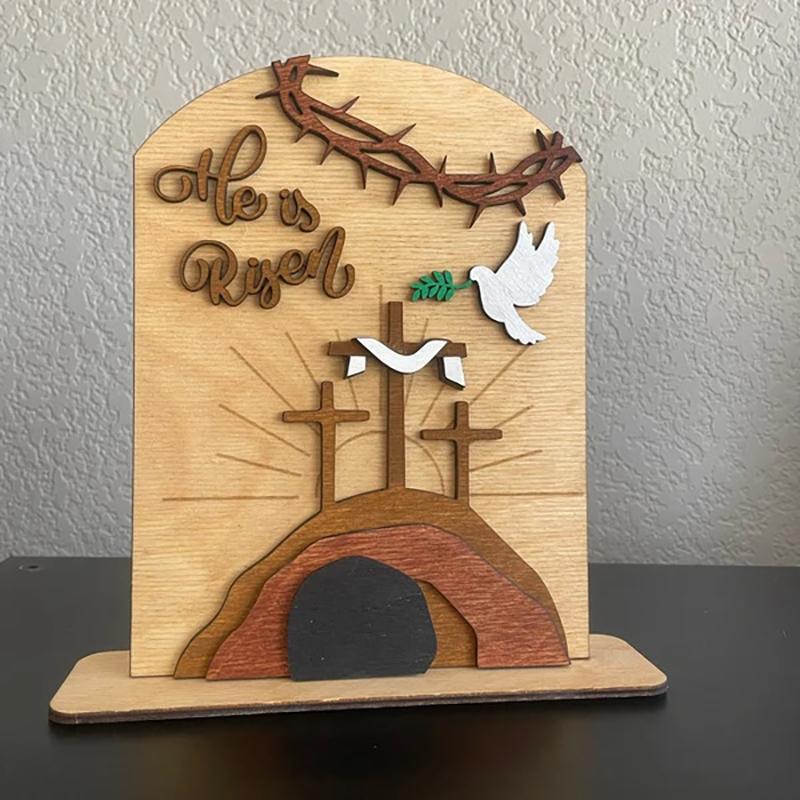 Easter "He Is Risen" Wooden Tomb Scene - Handcrafted Cross Tabletop Decor, Religious Resurrection Display For Home