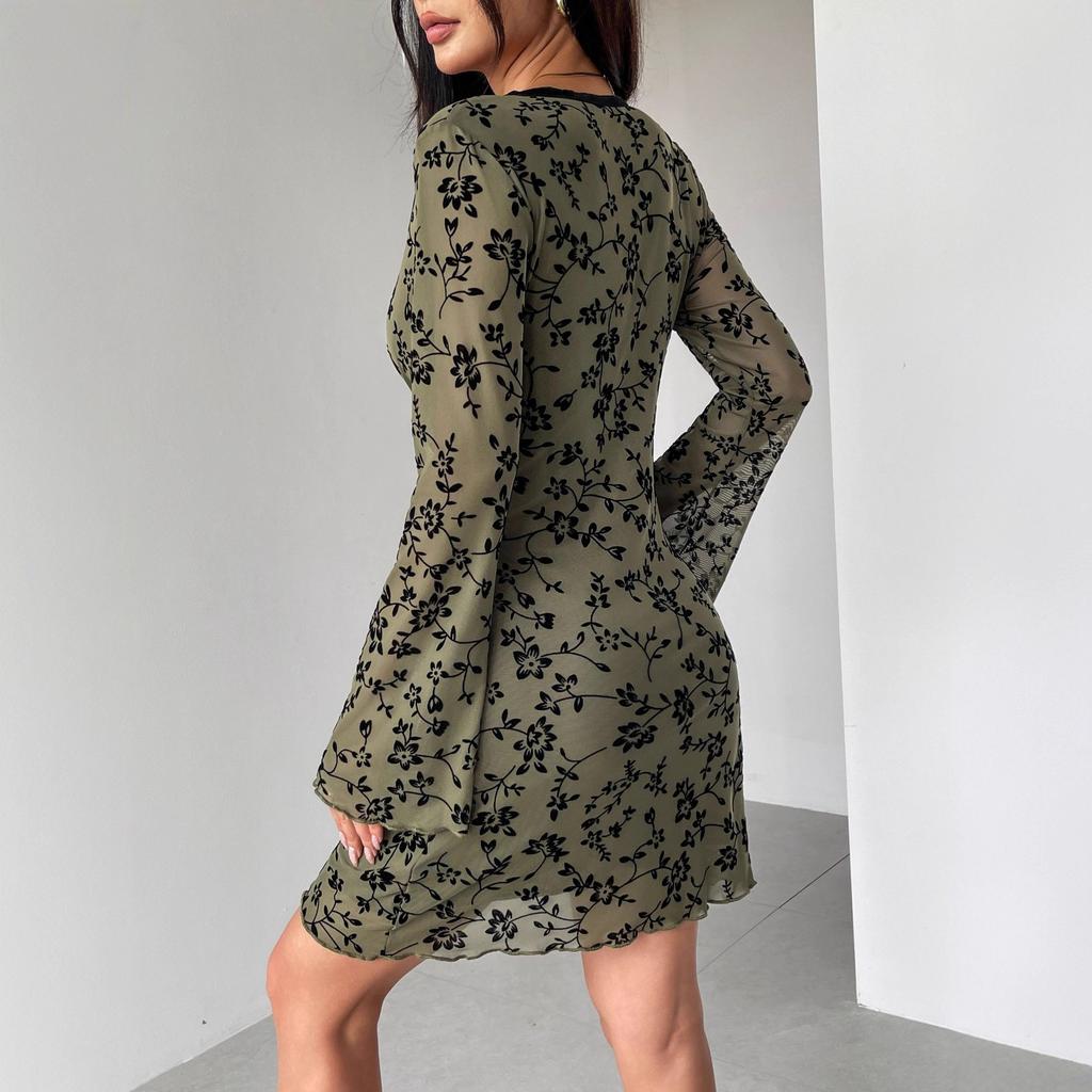 DAFIFY Женская мода весна-осень цветочный узор с длинным рукавом V-образный вырез высокая талия повседневные платья