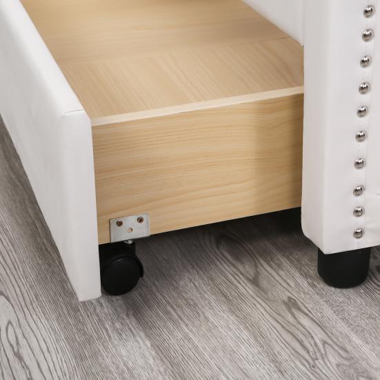 Flat Bed Upholstered 140 x 200cm with Slatted Frame 2 Drawers Headboard Youth Bed Guest Pull Rivets Wood & Faux Leather White Storage