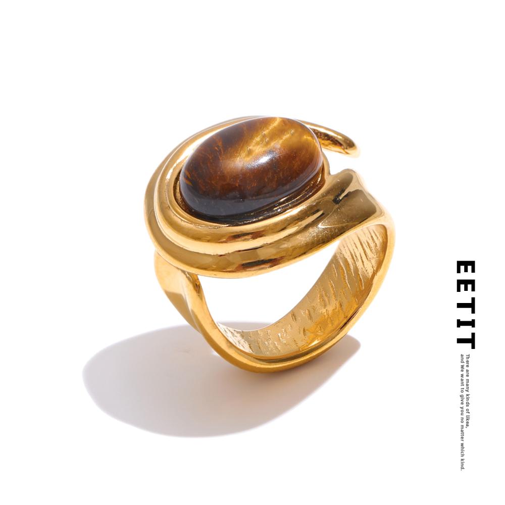 Eetit Popular Stainless Steel Natural Tiger Stone Finger Ring Gold Silver Color Waterproof Geometric Charm Jewelry 2024