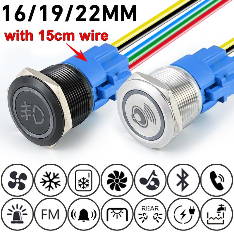 ization Metal Push Button Switch with Wire 16/19/22mm DIY Refitting ON OFF for Car Boat Waterproof LED Light 12V 24V
