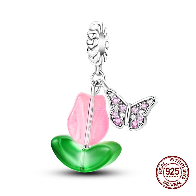 925 Sterling Silver Butterfly Tulip Iris Flower Charms Beads Fit 925 Original Bracelets Fine DIY Valentine Jewelry Gifts