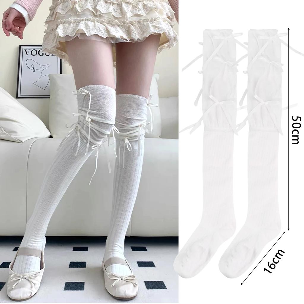 Lolita Long Socks Women Bandage Ribbon Bow Sweet Girls Kawaii Sexy Middle Tube Socks Ballet Style Solid Color Black White Socks