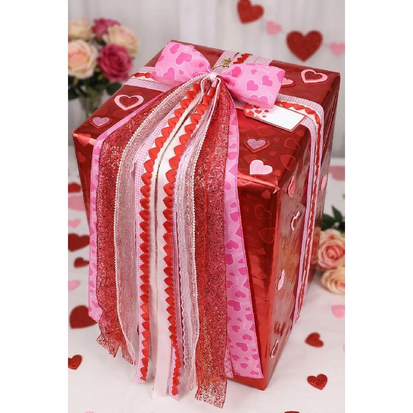 Valentine's Day Wreath Sash for Door, Large Bow Decoration with Metal Clip, 9 Ribbon Swag for Wreath, Front Entry, Fireplace, Fence - Pink Red Love