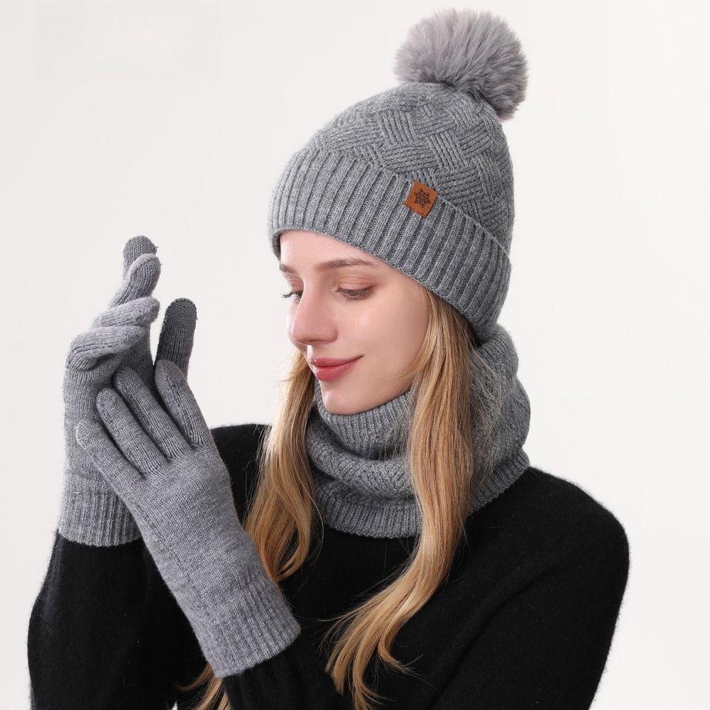 3pcs Wool Hat Scarf Gloves Set Solid Color Winter Beanie Hat Neck Warmer Thermal Knit Cap Winter