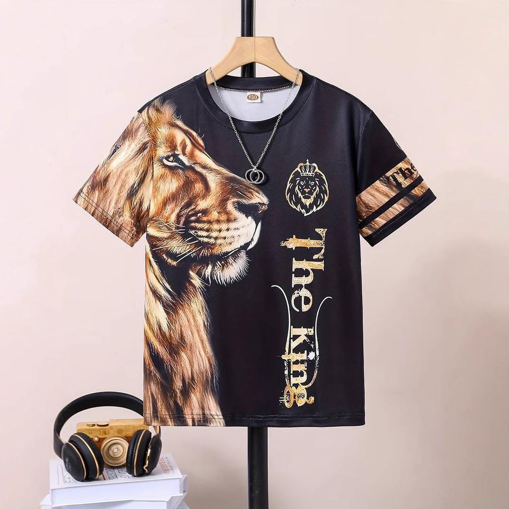 Summer Round Neck 3D Lion Pattern Printed Top Fashionable and Casual Short Sleeved Children's Boy T-shirts