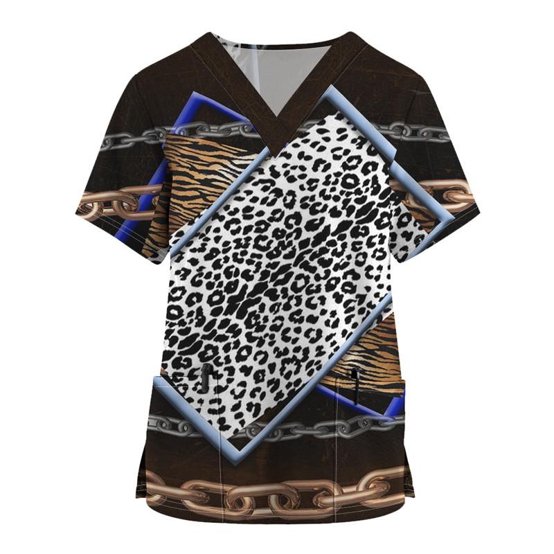 Женские топы с короткими рукавами и V-образным вырезом с мультяшным узором, футболка с рабочей униформой