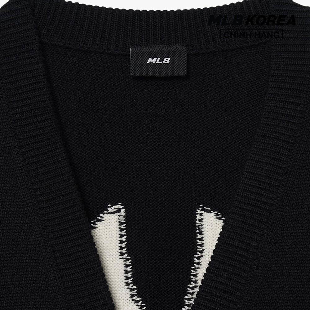 MLB New York Yankees Logo Print V-Neck Knit Top Unisex tops Black 3AKCB0131-50BKS
