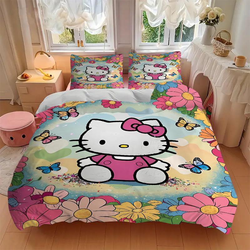 3 шт. Постельное белье с рисунком Hello Kitty и разноцветной ромашкой, 1* Пододеяльник + 2* Наволочки, Постельное белье с принтом, Мягкое и удобное.W034