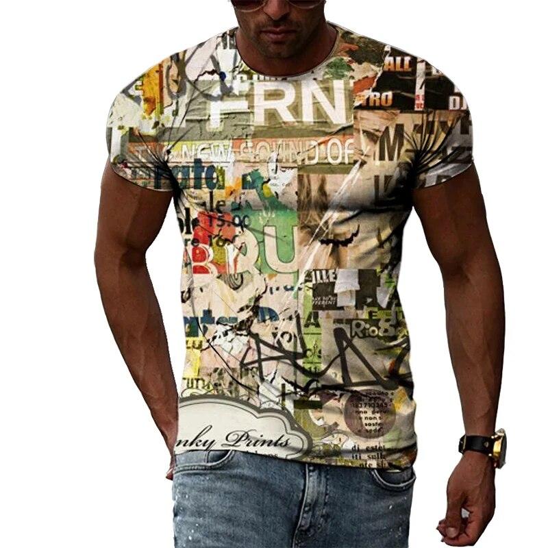 Summer Funny Graffiti Trend Fashion Pattern Men Tshirts Casual Print Hip Hop Tees Personality Round Neck Short Sleeve Tops