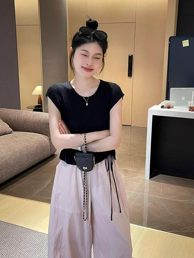 Chic Blue Flutter Sleeve Ice Silk Knitted Women's Summer Drawstring Top