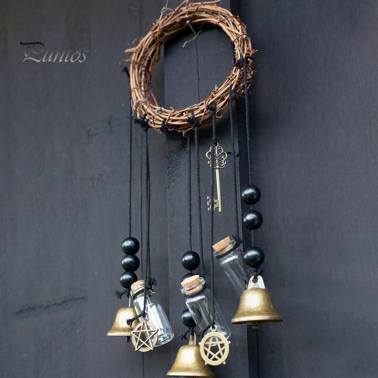Door Knob Witch Bell Home Protection Handmade Hanging Brass Bell Wishing Bottle Rattan Wreath Witchcraft Door Hanger Wicca Wind Chime Decoration