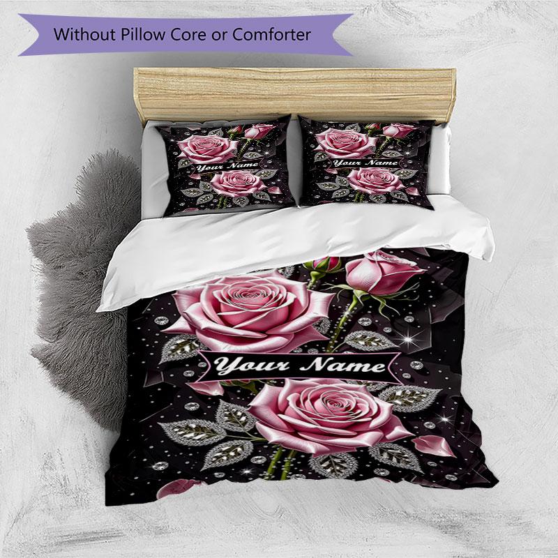3PC Custom Name Elegant Rose Banner Bedding Set Duvet Cover Closure Includes 1 Duvet Cover & 2 Pillowcases for Bedroom