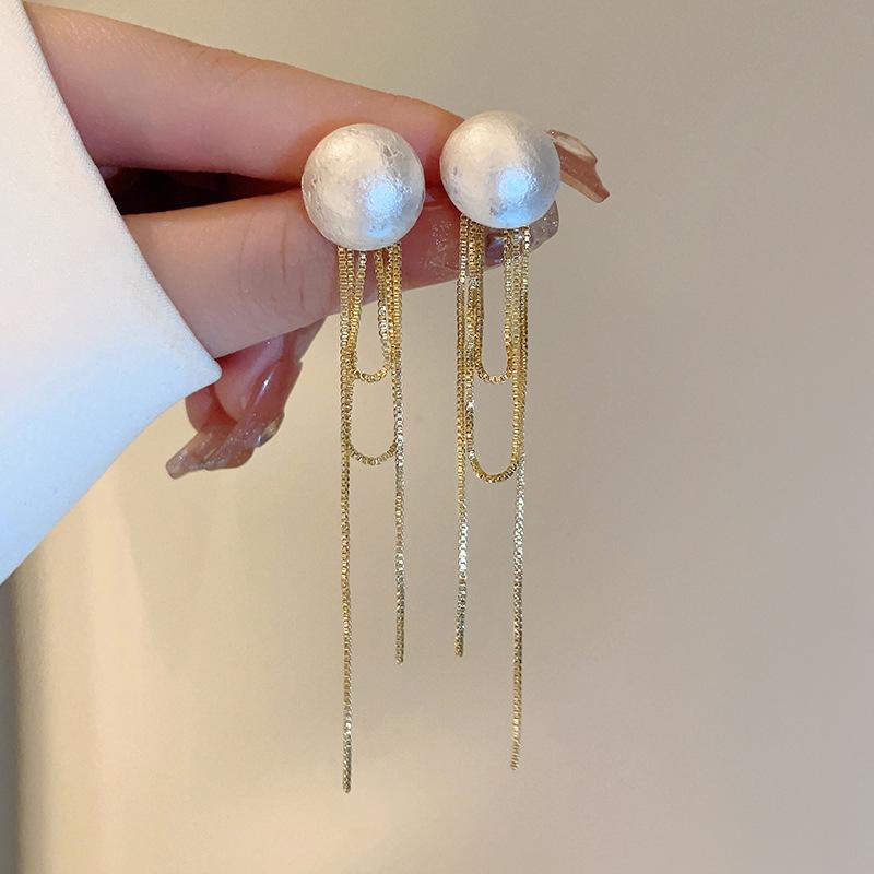 Korean Fashion Imitation Pearl Dangle Earrings Elegant Round Shape Chain Tassel Drop Earrings For Women Bridal Earrings Party Jewelry