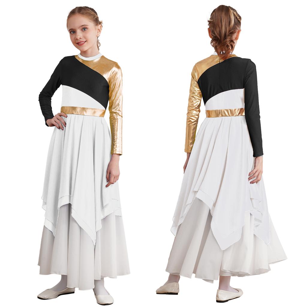 Детское блестящее металлизированное платье-туника с длинными рукавами для девочек, асимметричное платье-туника, лирический костюм для современного танца