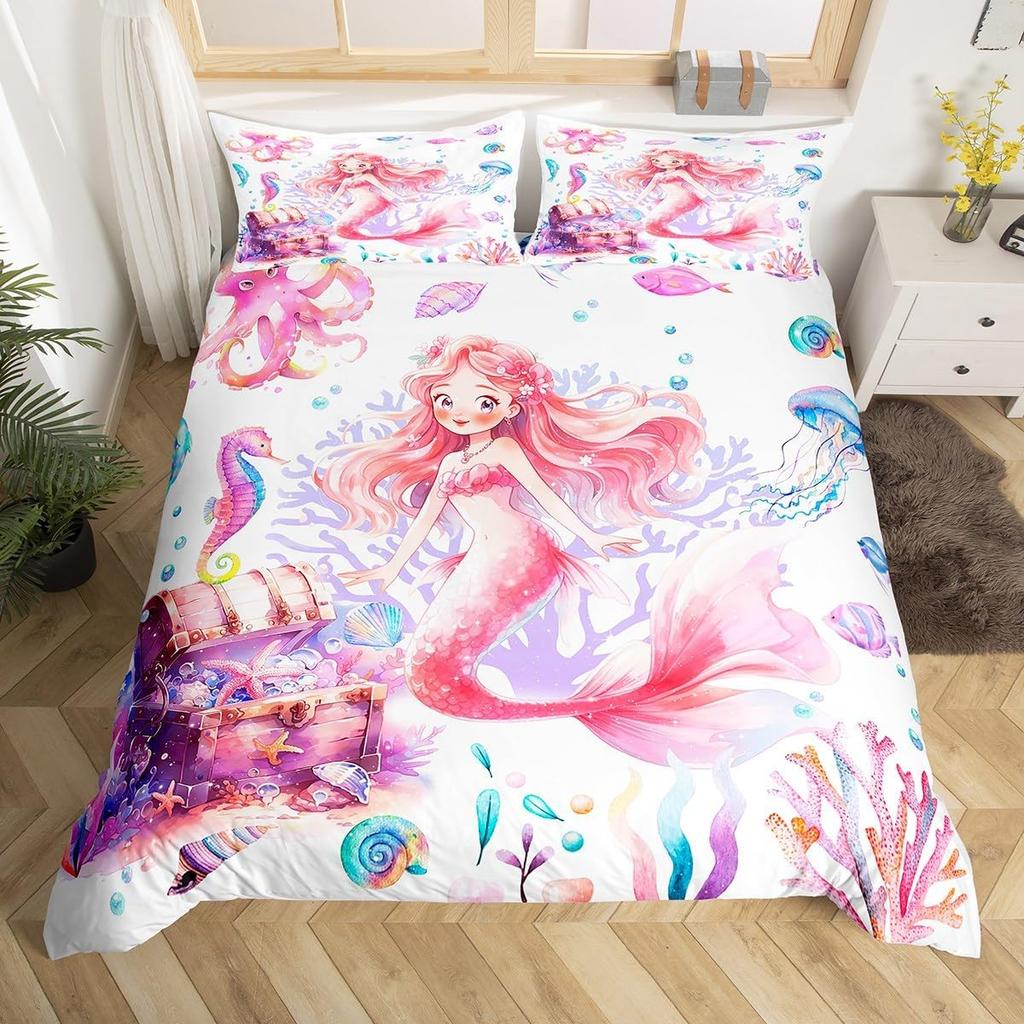 Cute Mermaid Tail Duvet Cover Set Queen King Size Fairy Tale Themed Princess Bedding 3 Pcs For Girls Bedroom Decor Super Soft