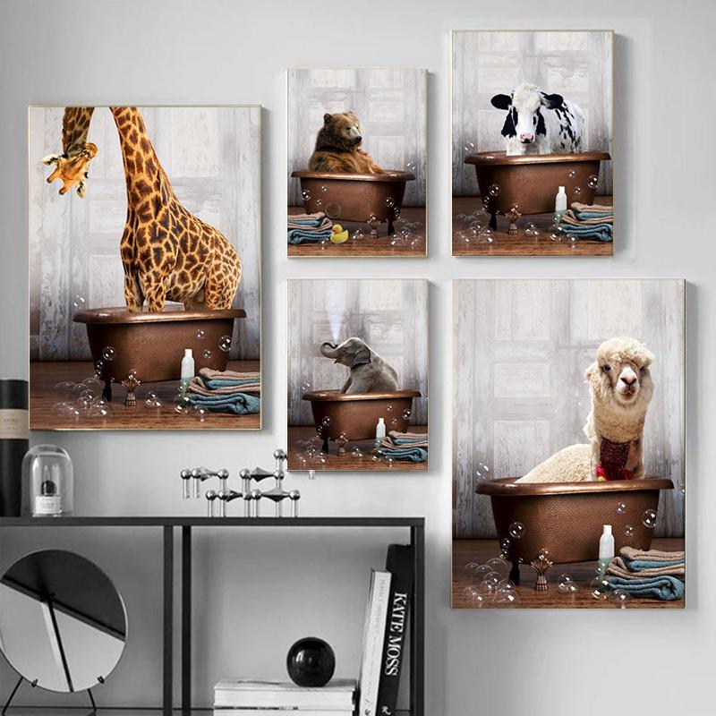 Lovely Alpaca Elephant Cow Giraffe Toilet Canvas Paintings Animal Posters Prints Wall Art Pictures for Living Room Decor Cuadros