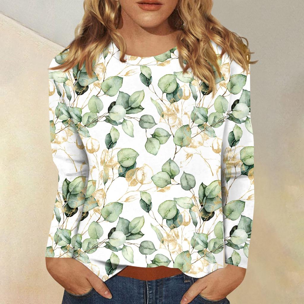 Женская модная повседневная футболка с круглым вырезом и длинным рукавом с принтом, топ