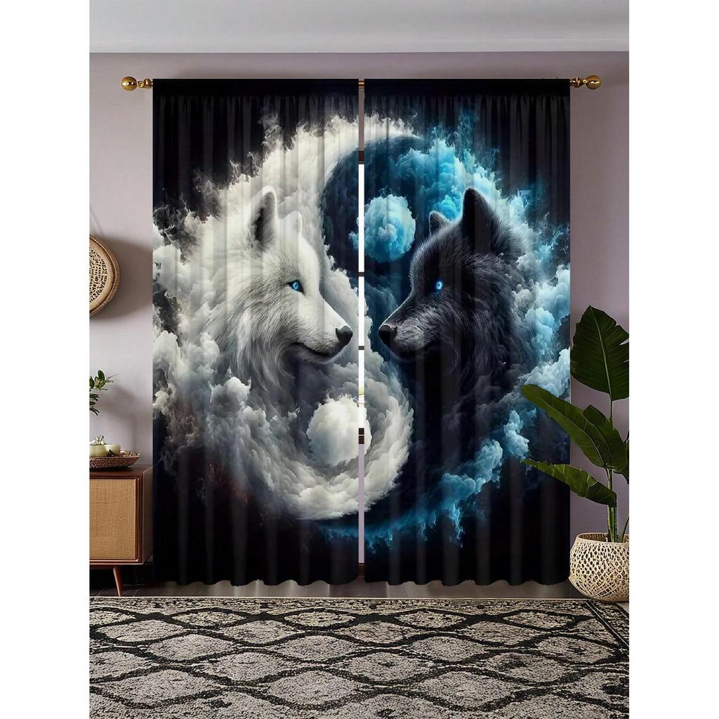 2pcs Set Modern Wolf Pattern Light Filtering Curtains Ice Fire Animal Print Design Machine Washable Flannel Fabric Decorative