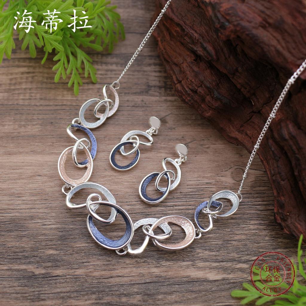 Новый цветной масляный полый геометрический набор сережек-гвоздиков и ожерелья, женская мода, высокое чувство, необычное ожерелье