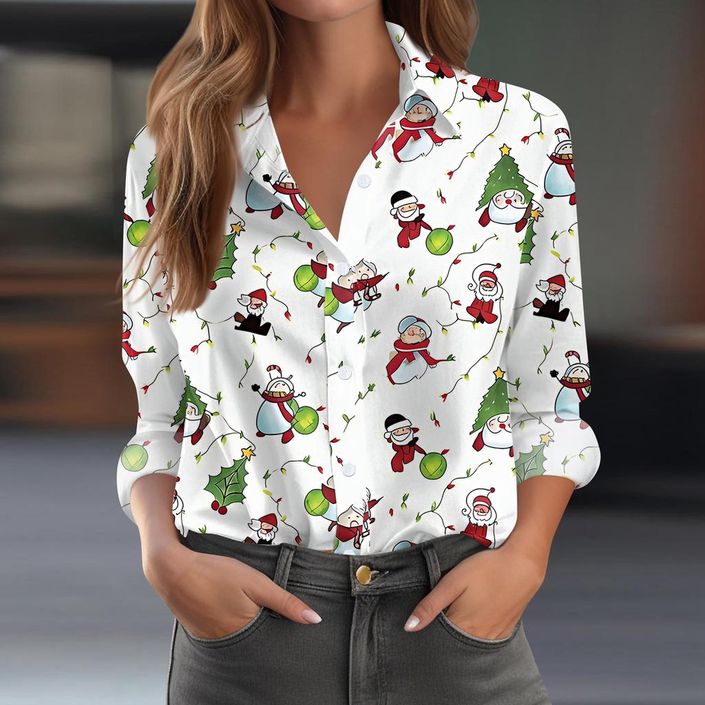 Women's Shirt Blouse Christmas Print Button Long Sleeve Casual Basic Shirt Collar Regular Top