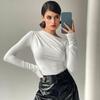 Autumn Solid Round Neck Pleated Casual White T-shirt Women Winter Long Sleeve Fashion Slim Fit T Shirt Woman Elegant Chic Black Base Tee Tops 25549