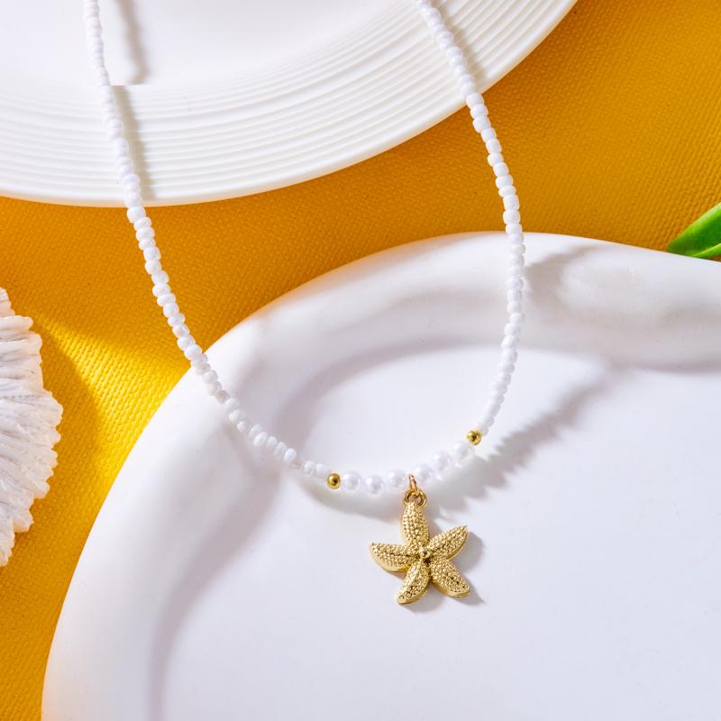 New Bohemian Beach Holiday Starfish Pendant Seed Bead Pearl Choker Necklace Ocean Style Women's Fashion Jewelry