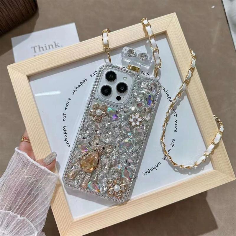 Роскошный модный чехол для телефона со стразами и флаконом духов для iPhone 15 14 13 12 11 Pro Max X XS XR XS Max 8 7 Plus противоударный чехол с ремешком