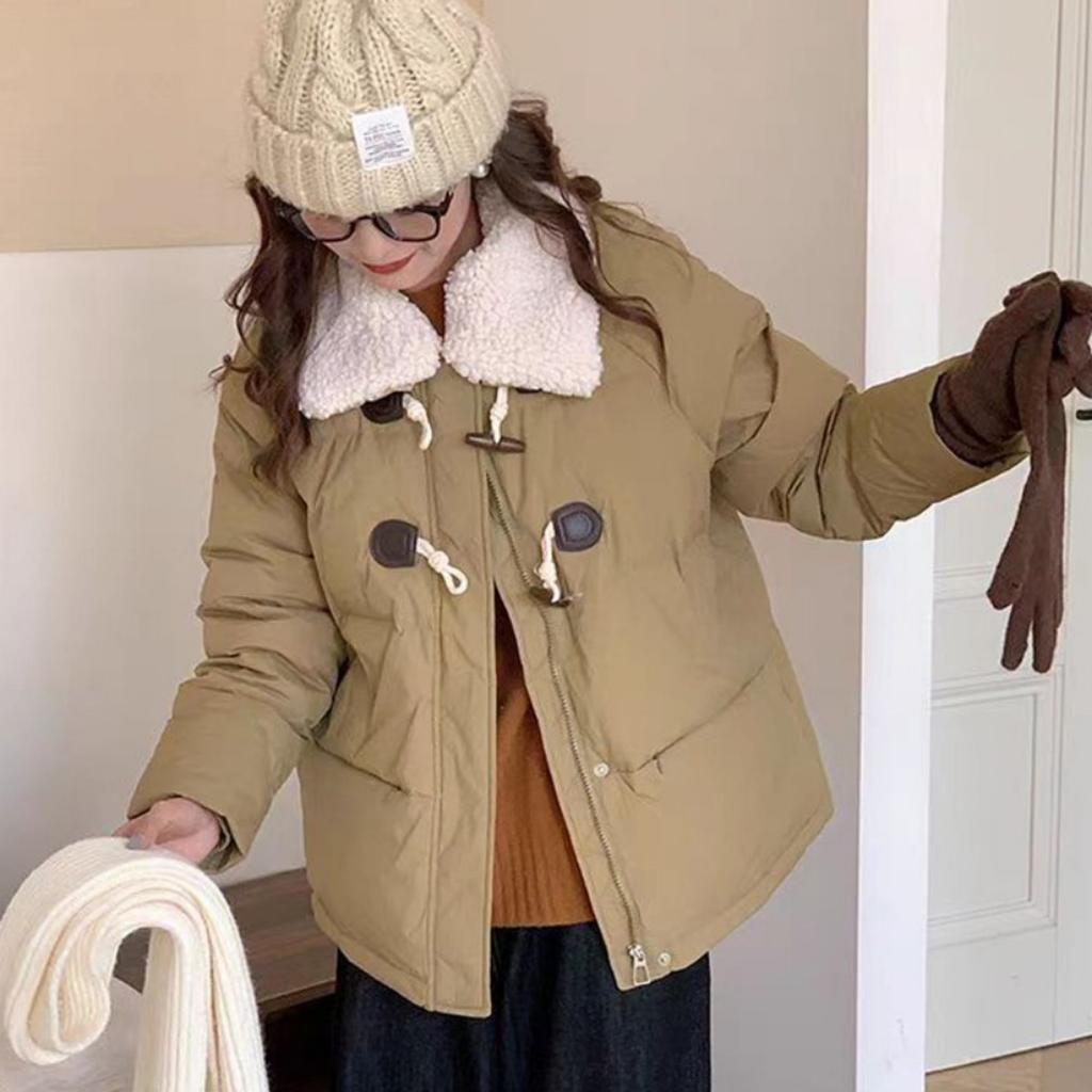 2025 Horn Buckle Autumn and Winter New Cotton Jacket Women's Lamb Wool Thickened Short Preppy Style Korean Version Jacket