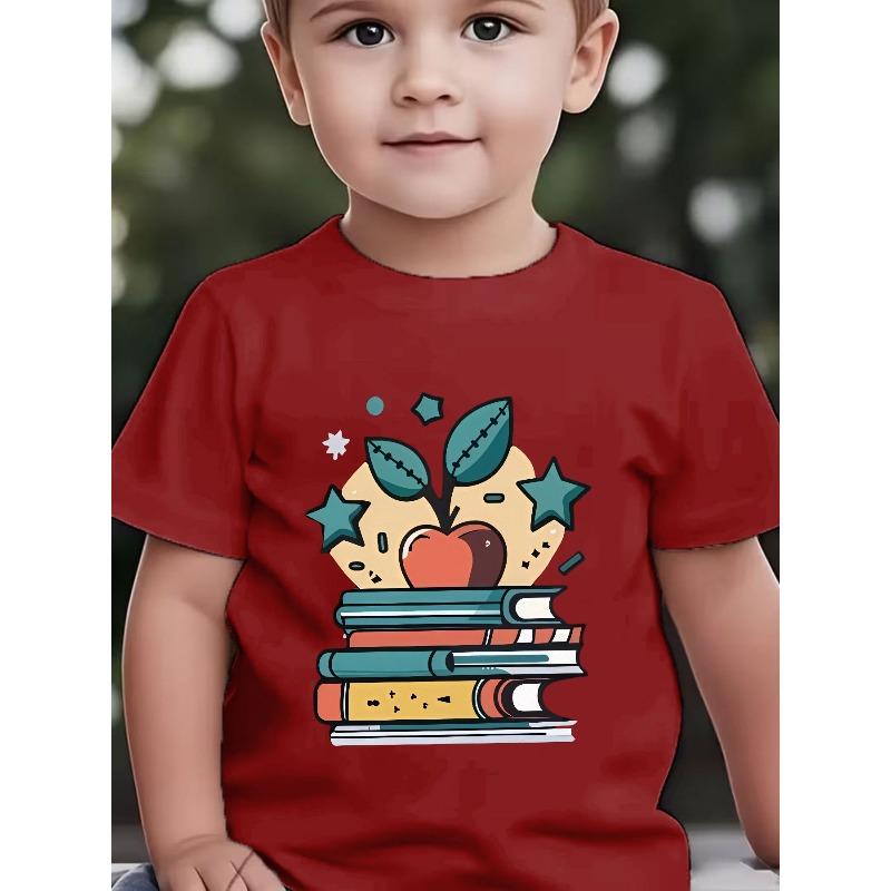 Европейские размеры Сезон Back-To-School Детский топ с коротким рукавом Детский мультяшный рисунок Книга Яблоко Принт Летний Милый Тема обучения и роста