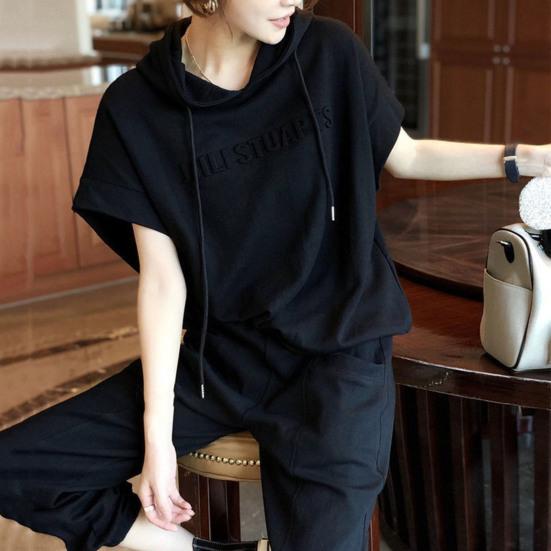 2 шт./компл. комплект брюк с капюшоном на шнурке, однотонный, с короткими рукавами, с эластичной резинкой на талии, карманами, с капюшоном, свободные женские повседневные брюки с ремешками на щиколотке