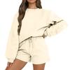Women's Comfortable Casual Fashionable Solid Color Round Neck Sweatshirt Shorts Two-piece Set
