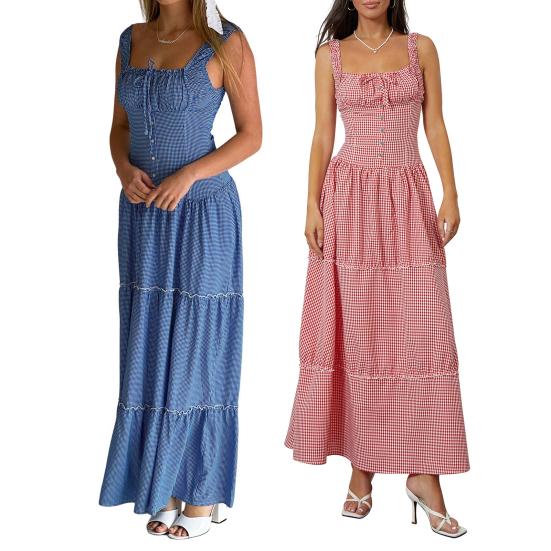 Женское платье макси без рукавов в клетку в клетку с круглым вырезом, длинное платье со сборками, сарафан А-силуэта с рюшами и бретелями, струящийся