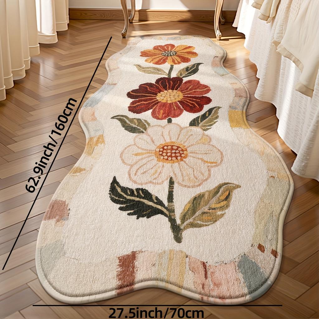 Soft Area Mat - Non-Slip Backing, Machine-Made Floral Bedside Mat for Bedroom, Living Room, Hallway, Laundry - Easy-Clean Home Decor Mat