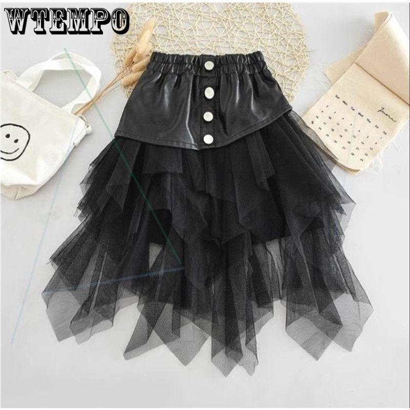 Юбка для девочек средней длины, весенне-осенняя модная корейская детская сетчатая юбка Юбка для девочек из искусственной кожи