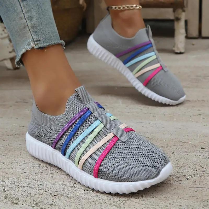 Fashion Colorful Strap Breathable Knitted Flats Women 2025 Summer Hollow Out Soft Bottom Mesh Slip On Casual Shoes Woman Plus Size