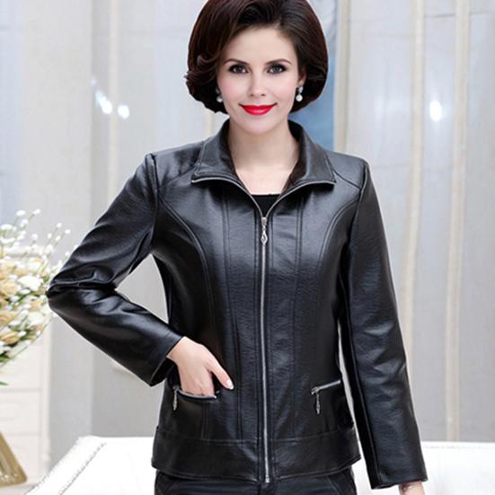Куртка для женщин среднего возраста из искусственной кожи с гладкой поверхностью, отложным воротником, застежкой-молнией, карманами на молнии, длинными рукавами, ретро-пальто для мотоциклистов, верхняя одежда больших размеров для путешествий