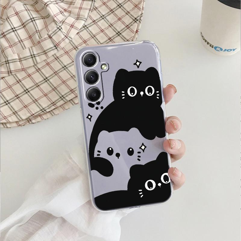 Милый черный кот мягкий прозрачный силиконовый чехол для Xiaomi Redmi Note 13 14T 15 Samsung A55 A35 S24 iPhone 15 Huawei Honor Camera защитный противоударный чехол