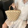 Women's Fashionable Handle Straw Woven Bags Simple Color Blocking Bucket Handbag Large Capacity Luxurious Female's Shoulder Bags