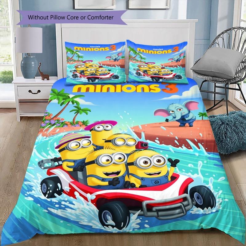 Cartoon Minions Summer Ocean Adventure Print 3‑Pieces Duvet Cover Set Anime Bedding Without Pillow Core or Comforter