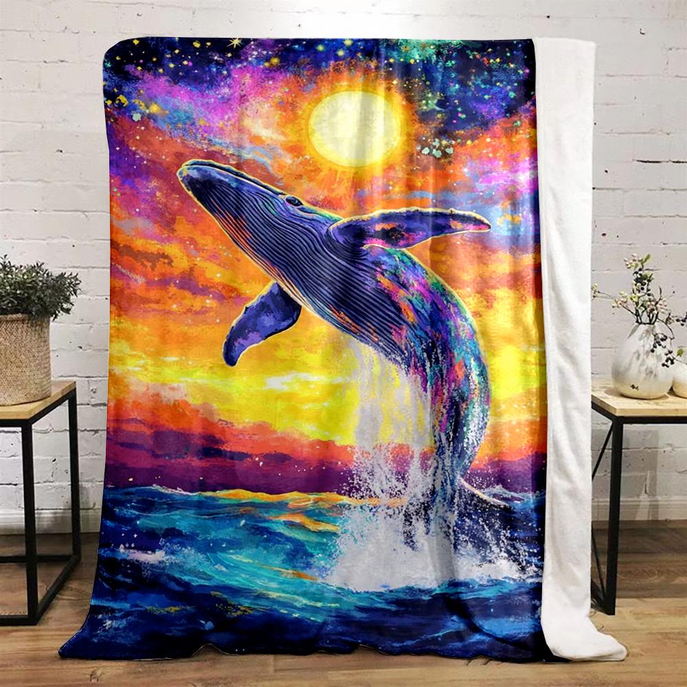 Colorful Whale Jumping in Sunset Ocean Flannel blanket for bedroom living room sofa and nap