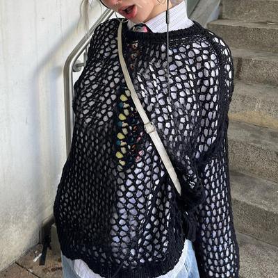 Harajuku ажурные вязаные пуловеры с круглым вырезом, осенний винтажный топ в стиле фея в стиле гранж, модный свитер в стиле ретро