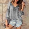 Women Tops V-Neck Embroidery Lace Trim Lace-up Long Sleeve Pullover Tops Solid Color Loose Fit Casual Style Shirt