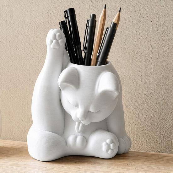 jijijing Cat Pen Holder, Cute Resin Desk Organizer, Funny Figurine, Decorative Storage Statue for Office Supplies, Creative Desktop Home Decor