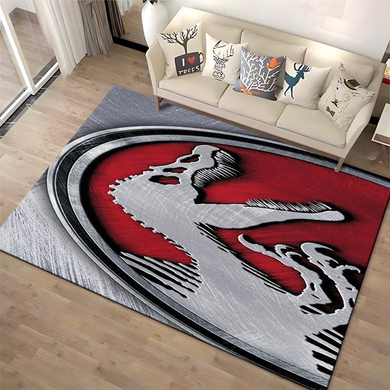 Red and Silver Dinosaur Skeleton Logo Pattern Carpet with Metallic Textured Design" Suitable for use as an anti-slip1 for1room and bedroom sofas