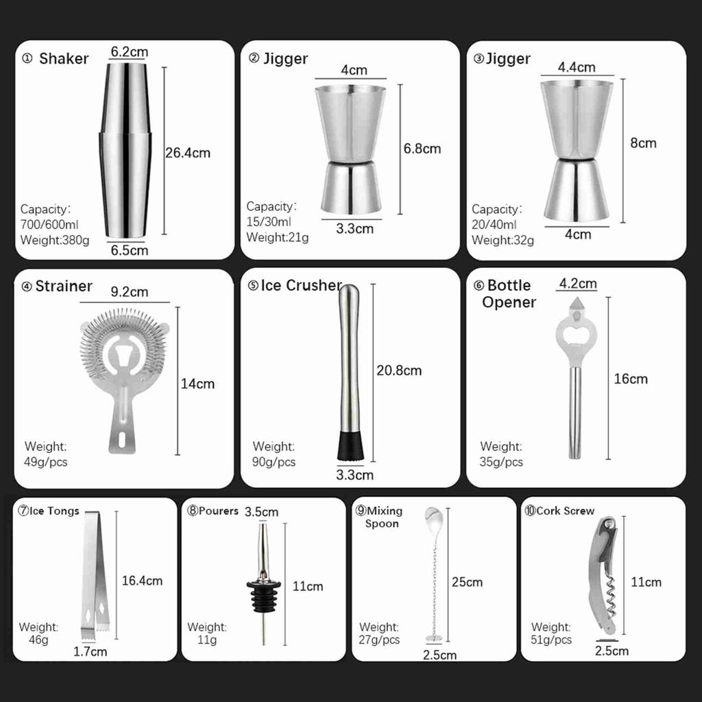 Bartender Kit, 15 Piece Cocktail Shaker Set, Bar Tool Set, for Mojito, , Margarita, Whiskey with Ice Crusher, Tongs