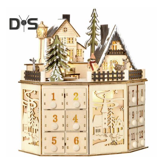 Рождественский адвент-календарь со светодиодной подсветкой, музыкальным деревянным светящимся домиком, обратным отсчетом, 24 ящика, настольное украшение