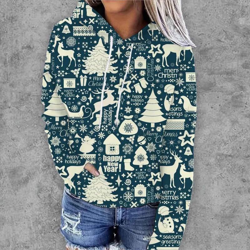 2026 Christmas Trend 3D Digital Print Hooded Sweatshirt Women Casual Streetwear Long Sleeve Pullover