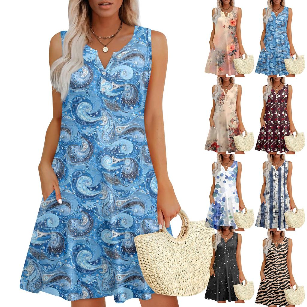 Женские летние платья Свободные сарафаны без рукавов с V-образным вырезом Платье с карманами