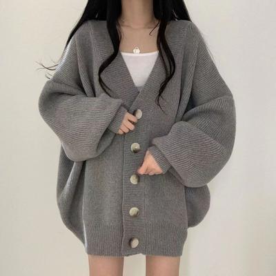 Корейская однотонная куртка-свитер женский кардиган весна осень утолщенная повседневная оверсайз ленивая ветровка V-образный вырез вязаные пальто женские